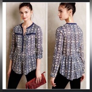 Anthropologie Maeve Abella Pintuck Blouse in Blue Floral Print, EUC